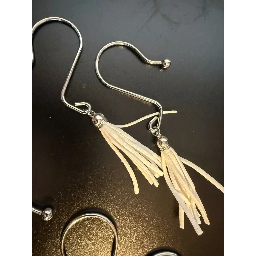 Set of 12 Silver Metal Shower Curtain Hooks with White Faux Suede Tassels Boho